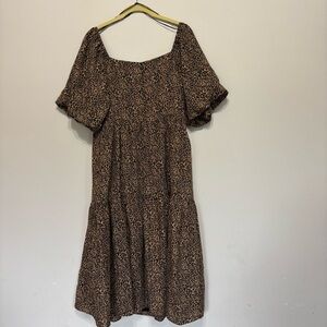 Casual Brown Tiered Midi Sundress with Puff Sleeves